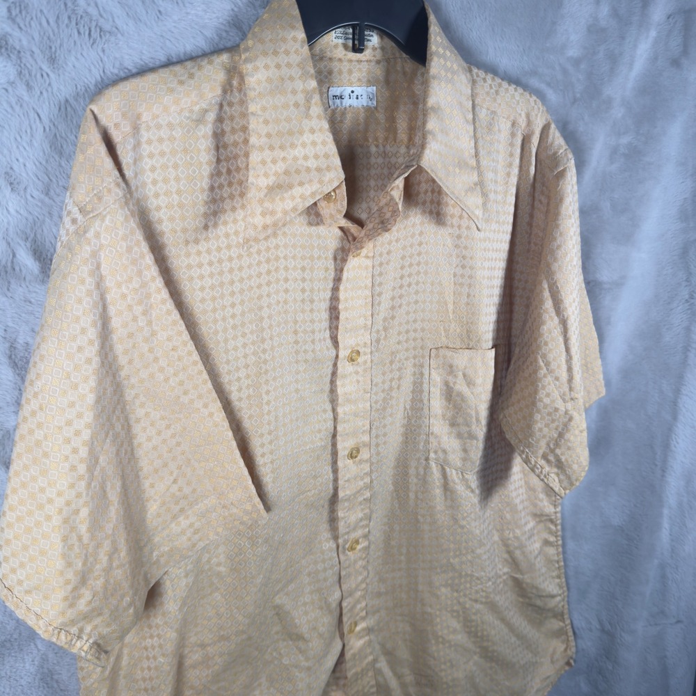 Vintage Modiste 70s Men Yellow Geometric Diamond Short Sleeve‎ Button Down Shirt